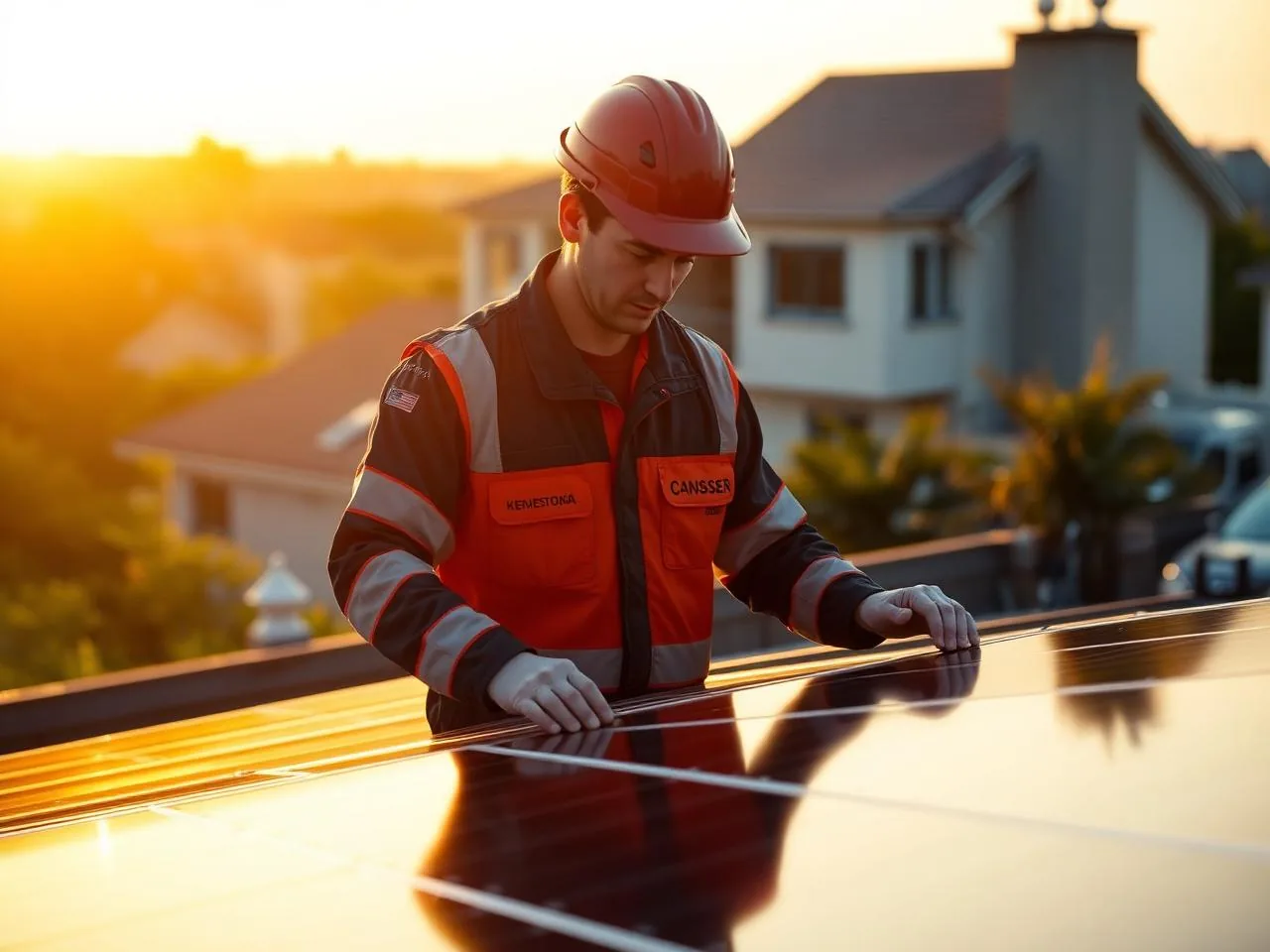 Engenheiro da FBV Energia Solar realizando inspeção em sistema fotovoltaico residencial ao entardecer